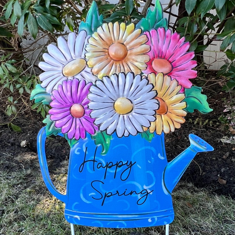 Blue Metal Watering Can Lawn Sign Happy Spring Flowers 24" NWT
